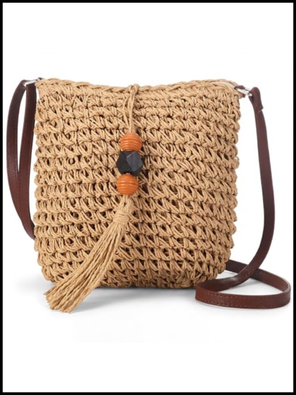 Boho Woven Crossbody Bag with Tassel Summer Beach Straw Purse Handwoven